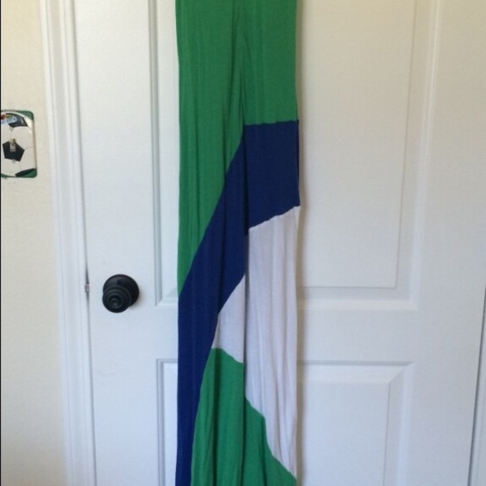 BEBE Green, white and blue striped v neck dress XS